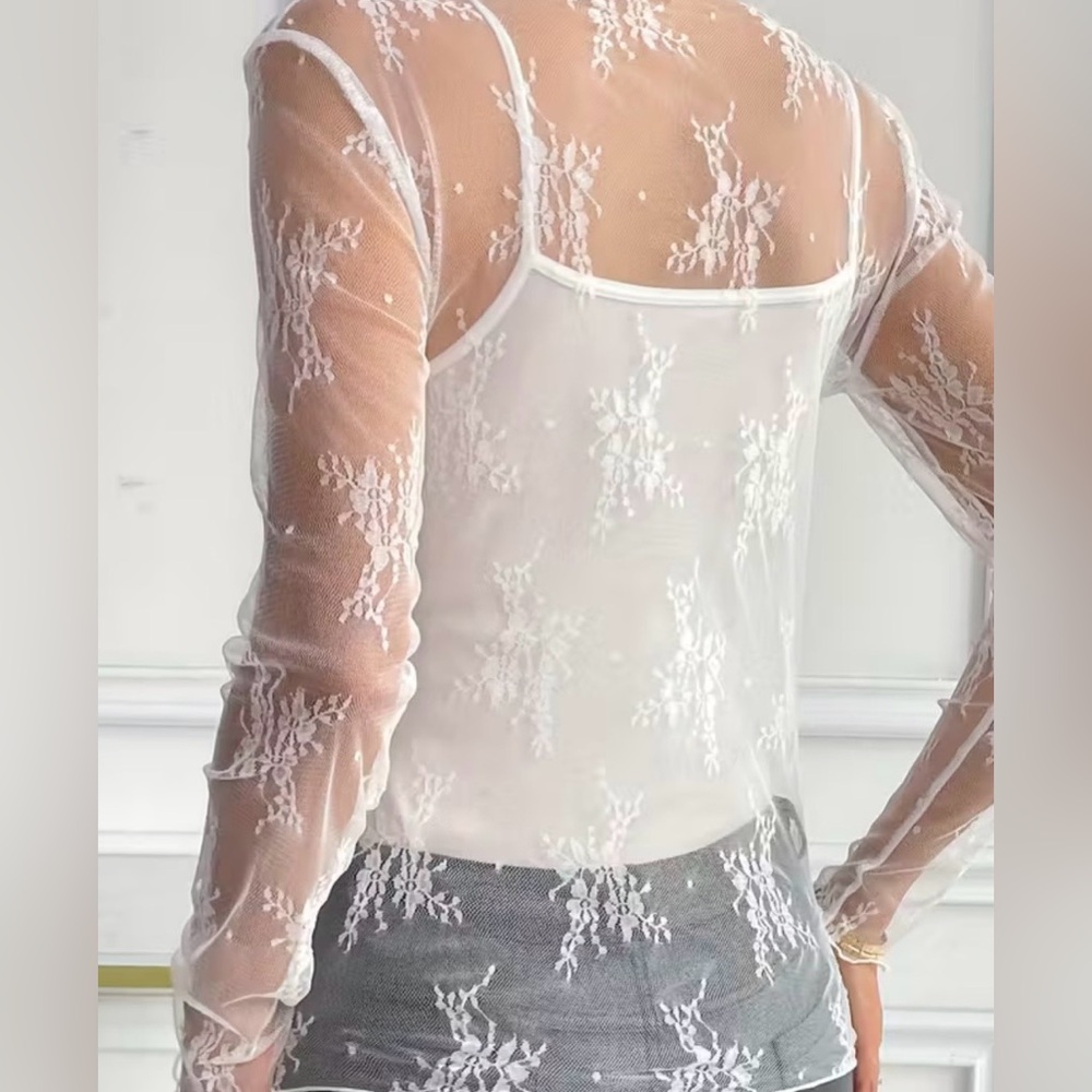 White Mesh Lace Transparent Long Sleeve Top Medium - Picture 8 of 13